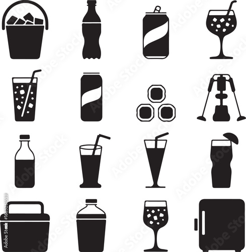 Assortment of beverage and cooler icons in black silhouette drink ice bucket
