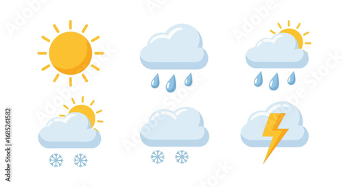 A versatile collection of weather forecast vector icons, including sun, rain, snow, and storm symbols, isolated on a white background for design use