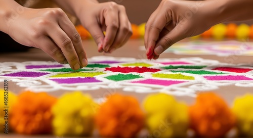 Vibrant Diwali Rangoli Creation with Delicate Hands and Marigold Flowers, Symbolizing Joy and Artistic Celebration in India