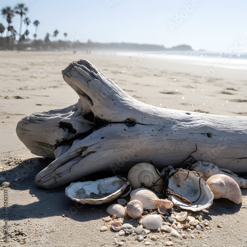 driftwood piece with seashells on beach