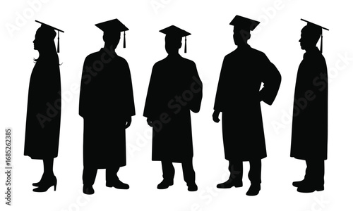 Silhouettes of five graduates in caps and gowns, symbolizing academic achievement, celebration, and the transition to new life chapters