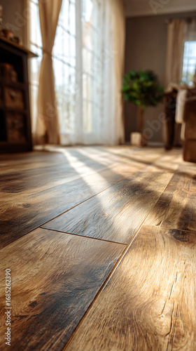 High-quality photo of low angle shot focuses on luxury vinyl plank flooring inside home. Floor wood planks create warm, cozy ambiance in house interior. Laminate parquet design.