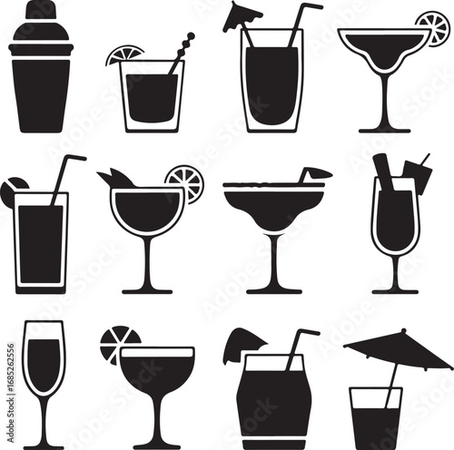 Assorted black silhouette icons of cocktails and bar tools on a white background drink beverage