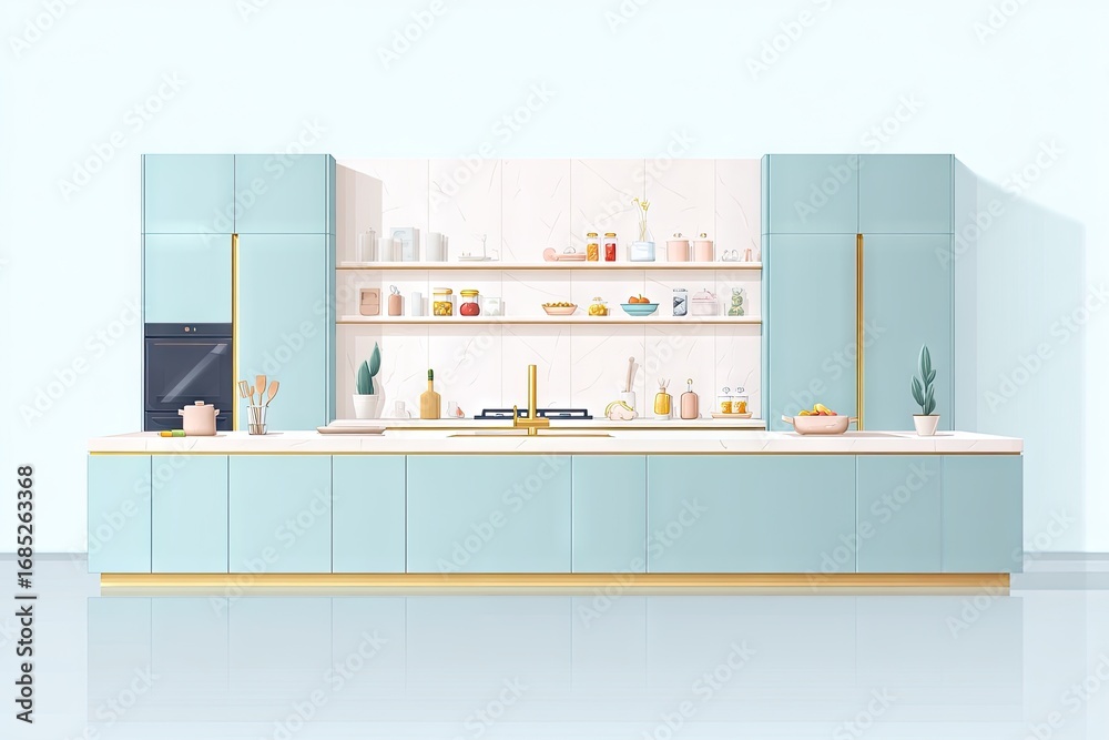 Fototapeta premium Light teal kitchen with gold accents.