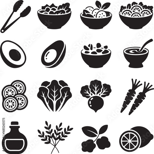 Black and white icons of salad ingredients and serving utensils food healthy