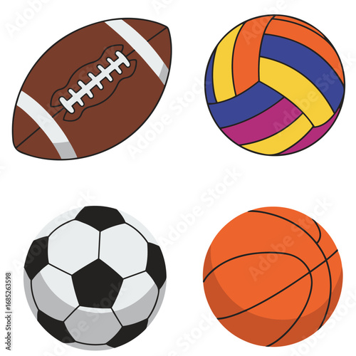 Sports Balls American Football, Volleyball, Soccer, and Basketball