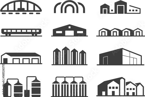 Warehouse building icons, factory silhouettes set, storage facility illustrations, industrial complex symbols, production plant graphics, manufacturing building vector pack