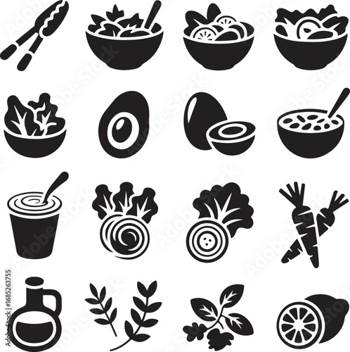 Black and white icons of salad ingredients and serving utensils food healthy