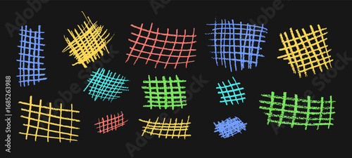 Set of vector grid. Pastel freehand strokes in red, blue, green and yellow. Handmade wax scribble texture, kids chalkboard vibe, perfect as school backdrop or playful kindergarten graphic design.