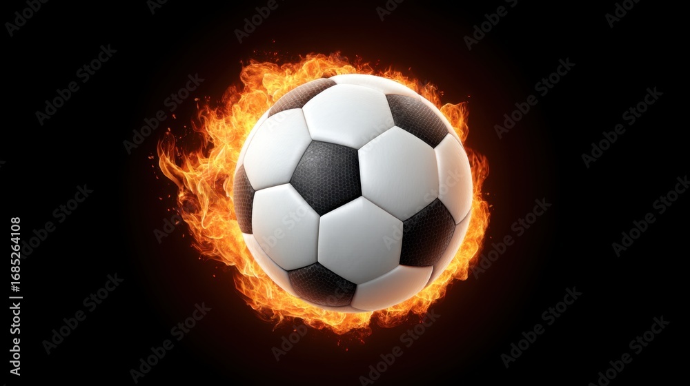 Obraz premium Soccer Ball Surrounded by Flames on a Black Background, Capturing the Intensity and Passion of the Game in an Eye-Catching Visual Format