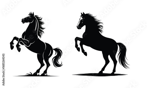 Illustration of two rearing horse silhouettes with flowing manes, symbolizing strength, motion, and expressive animal design