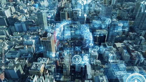 現代都市ドローン空撮とデジタルテクノロジーのコンセプト