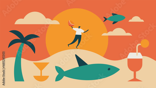 Stylized Beach Scene with Man Playing Catch and Tropical Elements summer vacation