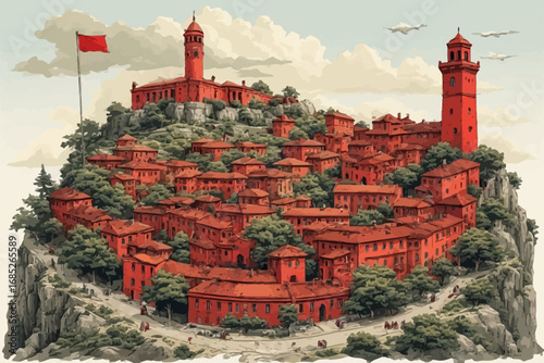 Red city on a hill with towers and a flag, surrounded by trees.