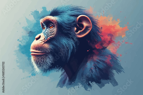 Stylized chimpanzee portrait with watercolor effect, showcasing its expressive face and intricate details.