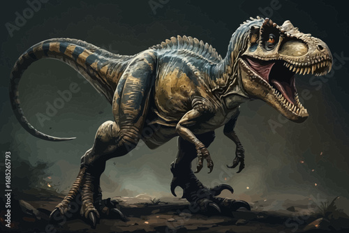 Detailed digital painting of a Tyrannosaurus Rex with open mouth in a prehistoric setting.