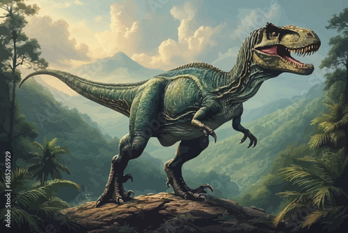 A Tyrannosaurus Rex stands in a prehistoric landscape with mountains and lush vegetation.