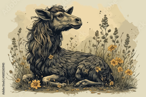 Artistic Illustration of a Majestic Creature in Nature, Lush Flowers, Serene Environment, Captivating Viewpoint