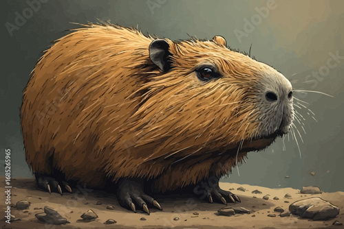 Illustration of a Capybara in Nature Setting, Close-Up View, Exploring Its Environment