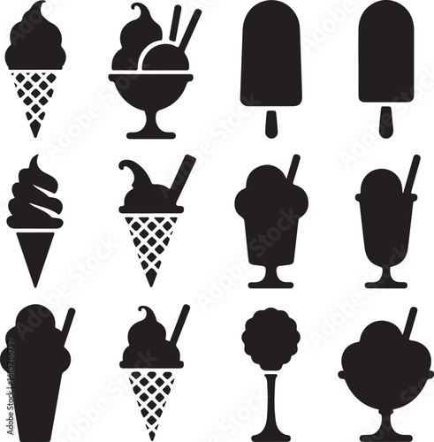 Collection of ice cream and frozen dessert icons in black silhouette ice cream cone ice cream sundae