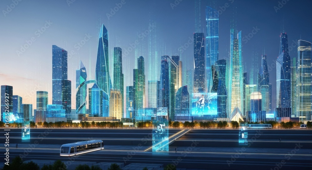 Fototapeta premium Futuristic City Skyline with Tall Modern Skyscrapers and Digital Holograms at Sunset