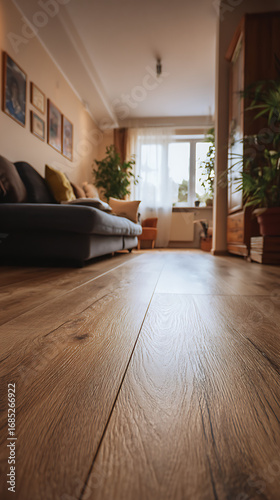 High-quality photo of low angle shot focuses on luxury vinyl plank flooring inside home. Floor wood planks create warm, cozy ambiance in house interior. Laminate parquet design.