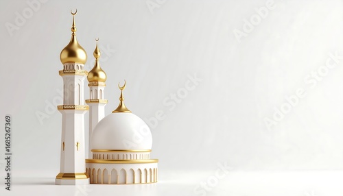 White mosque with golden accents, minimalist style
