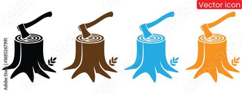Axe in tree stump icon collection, forest work symbol,Tree stump logo,Tree stump icon isolated on white background.