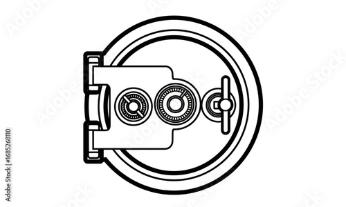 A conceptual line art illustration of an open vault door with a metal handle and combination lock, symbolizing security and safe access.