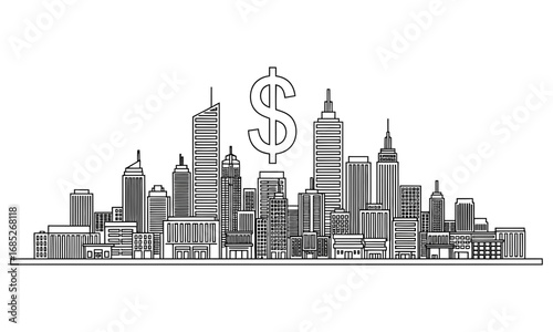 Hand-drawn sketch of a modern cityscape skyline with a large dollar sign hovering above financial district skyscrapers, representing urban wealth and economic growth concept.