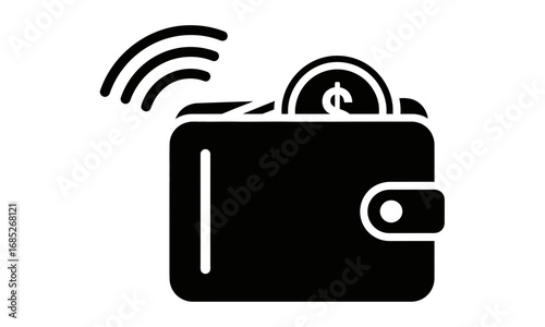 Black and white vector illustration of a wallet with a coin and wireless signal, representing contactless payment technology and digital finance concept.