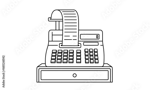 Vintage mechanical cash register with receipt paper roll in line art style, representing commerce, retail, and transactions from the past.