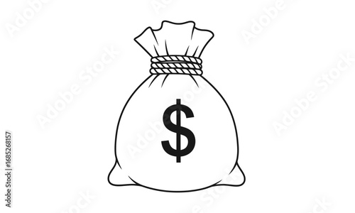 Black and white simple line drawing of a money bag with a dollar sign, representing wealth, finance, and investment concepts, isolated on a white background.