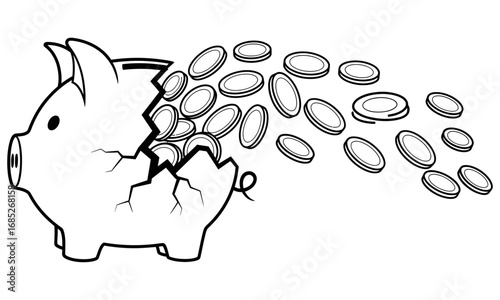 Cracked piggy bank spilling out coins, representing financial loss, bankruptcy, or broken savings concept, isolated on white background, illustration