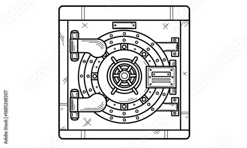Detailed line art illustration of an open vintage steel bank vault door with a prominent circular locking mechanism and heavy metal hinges, symbolizing security and finance