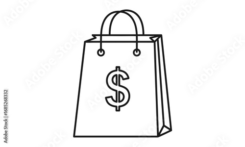 Simple outline illustration of a shopping bag with a dollar sign, representing commerce, retail, and consumerism, isolated on white background.
