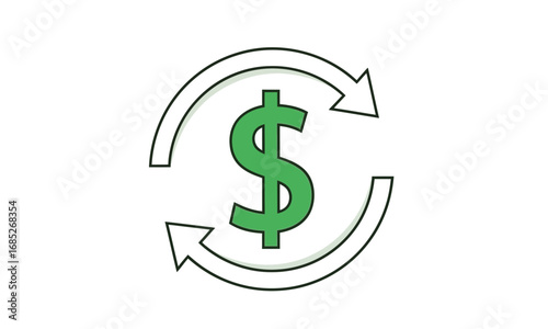 Green dollar sign with circular arrows indicating currency exchange, financial transactions, or money flow symbolizing concept of business and finance