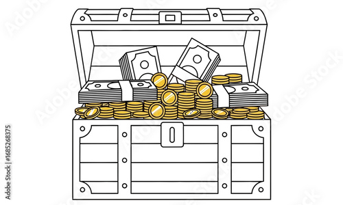 An open treasure chest overflowing with stacks of cash and piles of gold coins, symbolizing wealth and riches in a stylized line drawing illustration.