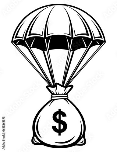 Money bag with dollar sign descending on parachute, symbolizing financial windfall, investment opportunity, or financial relief against white background.