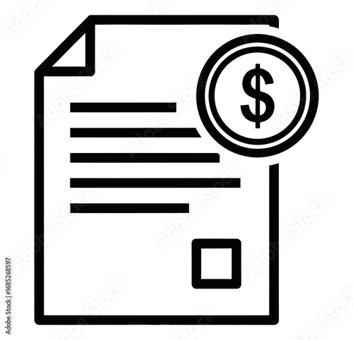 Financial document with dollar coin symbol representing investment, payment, contract, or banking concept icon, flat design illustration