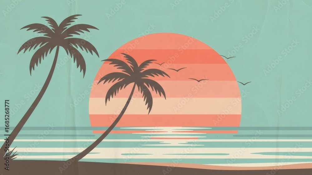 Fototapeta premium Tropical sunset over the ocean with palm trees, serene beach landscape and gentle waves