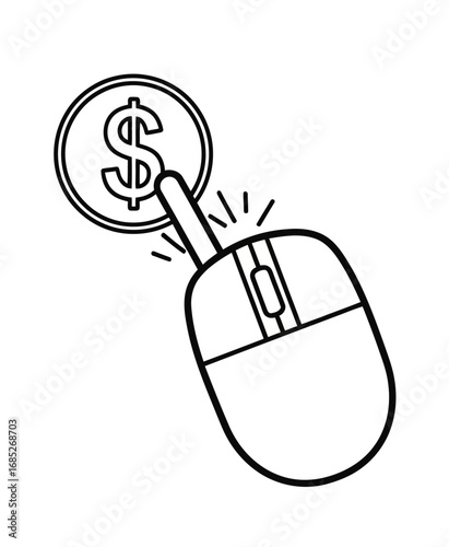 Computer mouse cursor clicking on a coin with dollar sign, illustrating online payment and digital transaction concepts, simple line art icon.