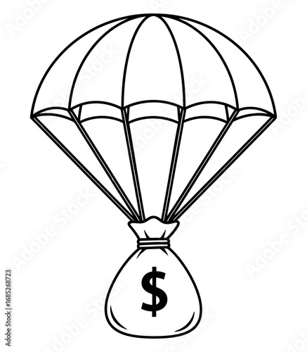 Vector illustration of a money bag with a dollar sign attached to a parachute, symbolizing financial safety, investment security, and risk mitigation in a simple line art style.