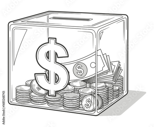 Hand-drawn illustration of a clear glass money box filled with coins and bills, featuring a large dollar sign, symbolizing savings and financial security concept.