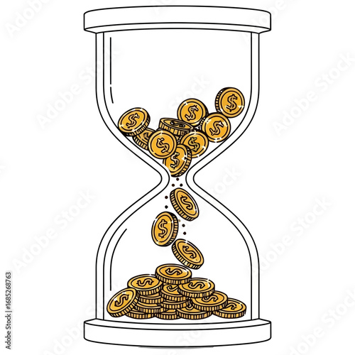 Hourglass filled with spilling gold coins representing the concept of time is money and financial urgency in a simplified sketch illustration