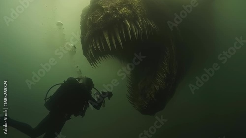 Deep sea encounter a diver faces a colossal creature in murky underwater depths
