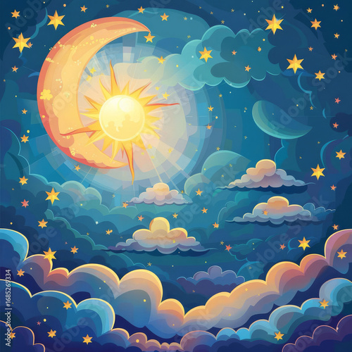 A whimsical illustration of a crescent moon holding a radiant sun in a starry night sky with fluffy clouds.