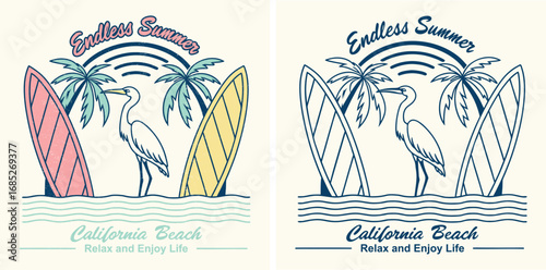 vintage retro summer graphics. endless summer  in california beach. sunset for endless summer vibes graphics. adventure surfing beach paradise. summer t-shirt design. vintage graphic tee