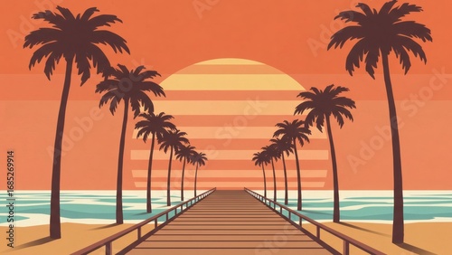Sunset Beach Walk, Palm Trees, Ocean View, Digital Illustration, Tropical Environment