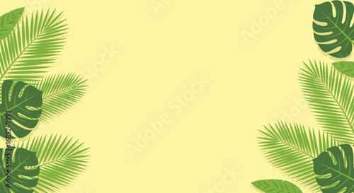 Tropical Palm Leaves Frame on Yellow Background - Vibrant Summer & Exotic Nature Vibe